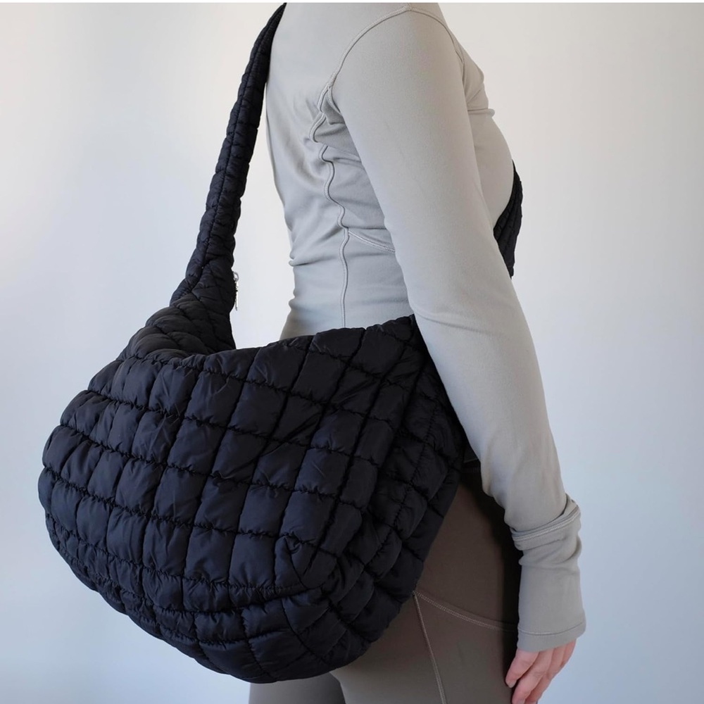 Quilted Puffy Hobo Black Shoulder Carryall Bag NWT